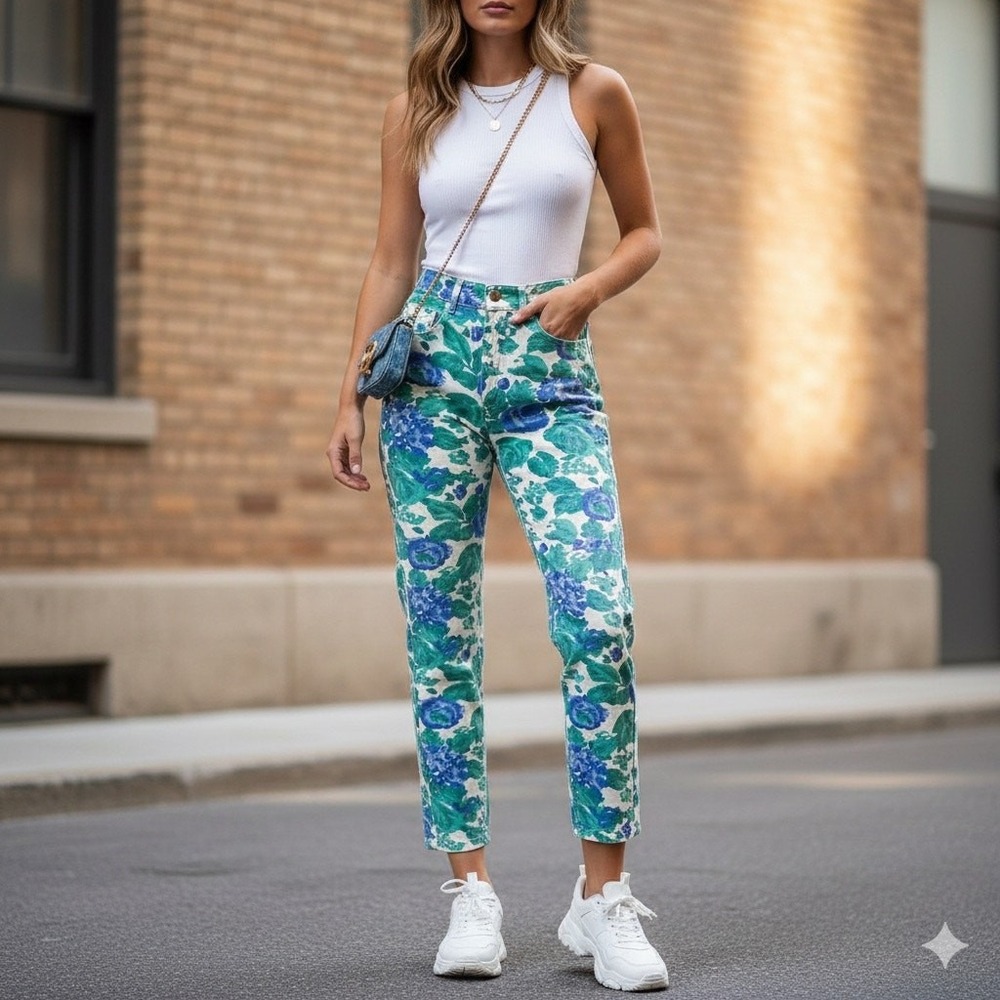 VTG Floral Print Mom Jeans Womens 4 Soft Grunge Fairy 80s 90s Blue Green Size 4